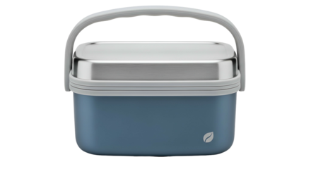 Modern insulated food container with a stainless steel lid and carrying handle displayed against a dark background