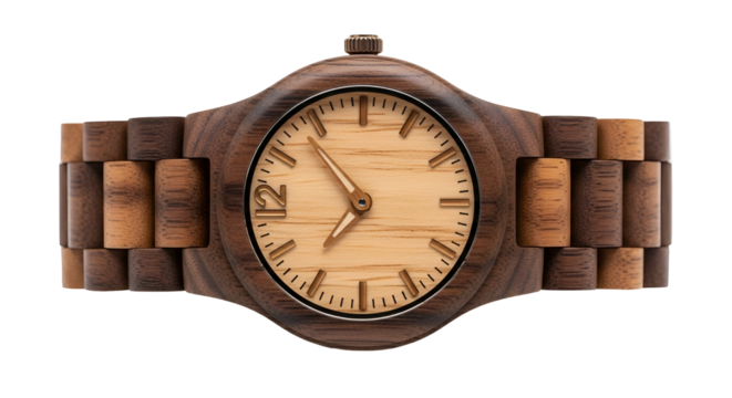 Handcrafted timepiece features contrasting natural wood grain textures for a distinctive look