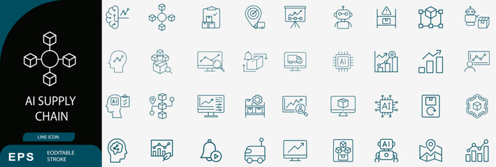 AI supply chain logistics automation outline icons set vector editable