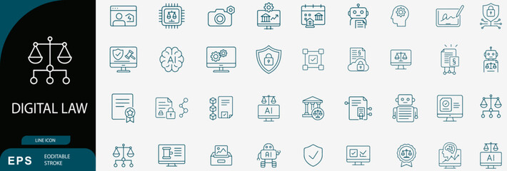 Digital law cyber security outline icons set vector modern justice