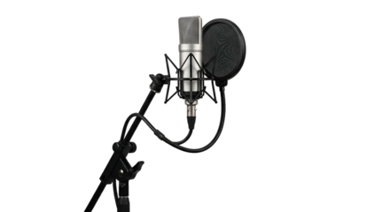 Professional condenser microphone assembly mounted on a stand against a dark background