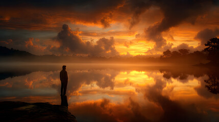 Fototapeta premium Solitary figure gazing at sunrise over still lake reflecting golden light 