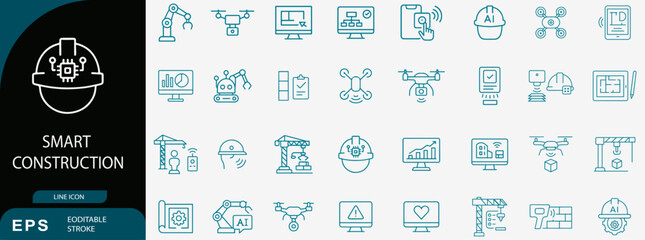 Smart construction robotics technology outline icons set vector editable stroke