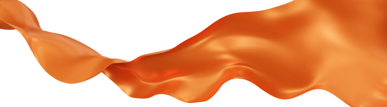 Flying orange silk textile fabric flag background. Smooth elegant orange Satin Isolated on white Background for grand opening ceremony. Flying orange silk vertical image. 3d png illustration