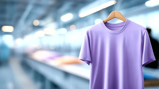 Modern t-shirt printing machine with defocused printshop setting, faceless apparel production, garment printing visualization, blurred workshop background, textile manufacturing de