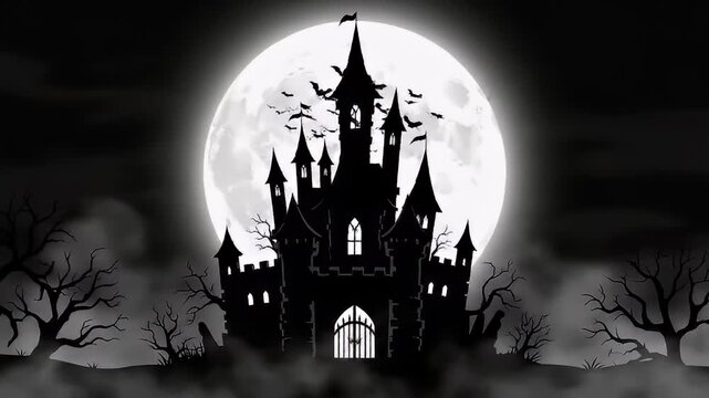Eerie Haunted Castle Silhouette with Flying Bats and Swirling Fog Under a Full Moon
