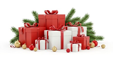 Pile of Christmas gifts presents wrapped in red and white paper decorated with ribbons and ornaments Isolated on transparent background, png