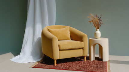 Yellow accent chair on a pastel backdrop — vivid product shot for furniture collections and showrooms.