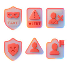 Fake and alert notification 3D icon set. Glassmorphism style with danger symbols, report badge, user alert, fraud marker, and risk indicators. Transparent background suitable for UI, dashboard, and wa