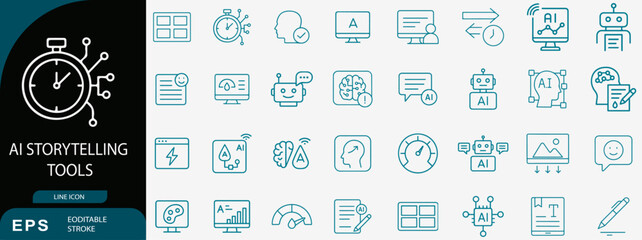 AI storytelling tools and content creation outline icon set, digital media technology vector, thin line creative concept