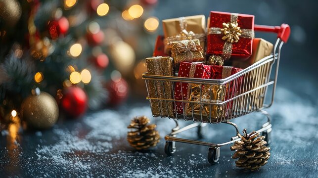 Christmas gifts in shopping cart, festive background, for online sale use
