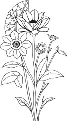 A stained glass window with a flower and leaves 