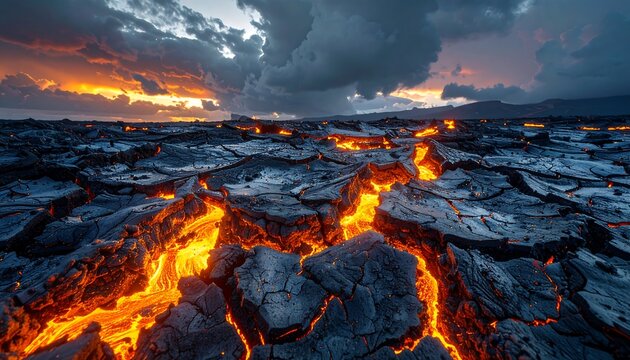 Scorched earth landscape. The molten lava flows through the cracks as the sun sets behind the heavy clouds