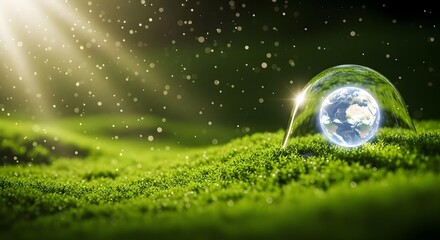 Earth protected by a bubble on green moss with sunlight and specks of dust
