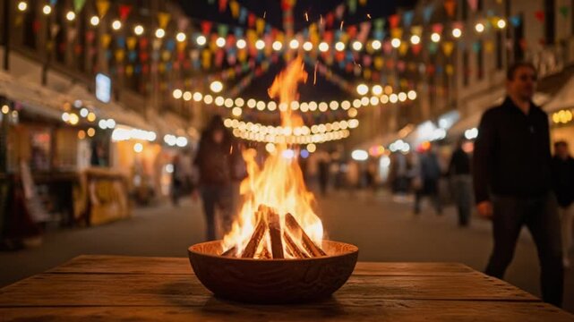 Plano Amplo de Festival Noturno com Grande Fogueira Central e Show de Fogos de Artif&iacute;cio