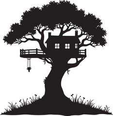 Fototapeta premium Black silhouette of a treehouse with a swing and grass