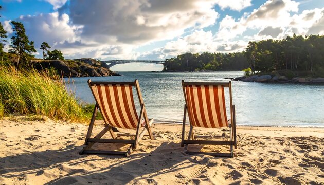 Scenic beach vista with two deck chairs on sun-kissed sand, overlooking a tranquil body of water, a distant bridge, and vibrant green foliage