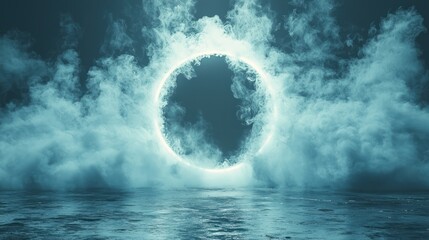 Glowing neon circle in smoky, dark scene reflecting on water.