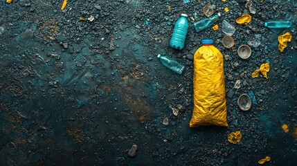 Gold-wrapped plastic bottle amidst scattered plastic waste on dark background.
