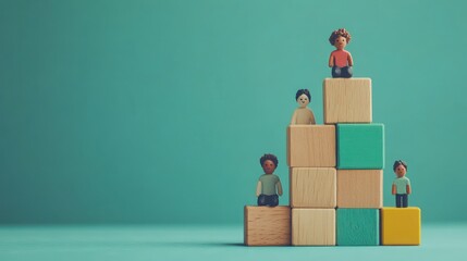 Diverse figures on wooden blocks, success concept, teal background