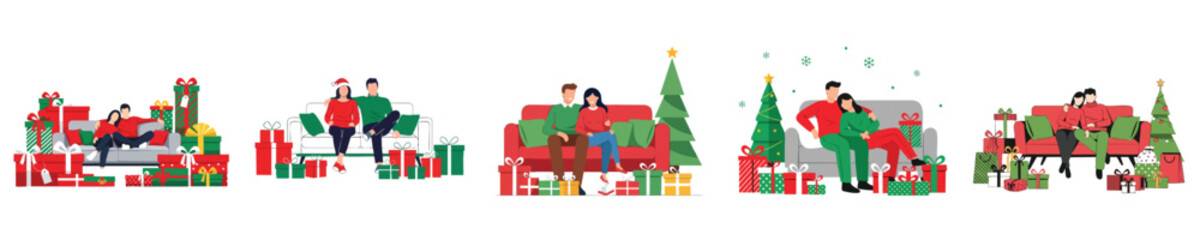 Couple Love Christmas Holiday Gift Exchange Vector Flat Illustration Concept