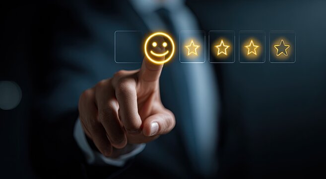 A person's hand touching a glowing smiley face and four stars on a digital interface, representing customer satisfaction and positive feedback.