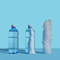 A minimalist product photo of three plastic water bottles on light blue background, showing clear to icy crystal transformation, clean lighting, modern aesthetic, sharp focus, symmetry, soft shadows.