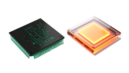 Collection of Two Futuristic Semiconductor Microchip Designs isolated on transparent background