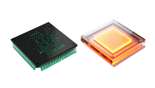 Collection of Two Futuristic Semiconductor Microchip Designs isolated on transparent background