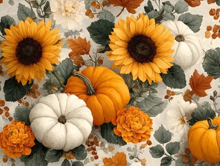A dense, detailed autumn pattern featuring sunflowers, bright orange pumpkins, and various white gourds nestled among dark green foliage