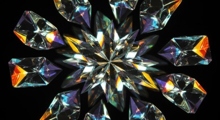 Numerous cut gemstones form a brilliant symmetrical pattern against a dark background