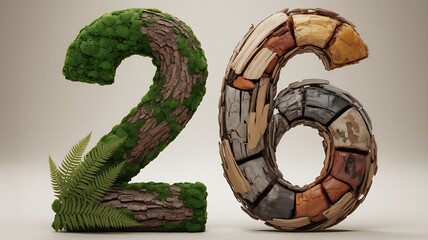 Unique creative two and six numbers using natural elements materials