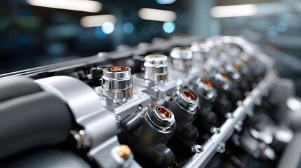 Close up perspective of a highly detailed multi cylinder automotive engine part showcasing polished metallic surfaces and complex engineering