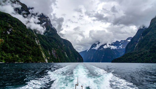 Scenic boat journey through a majestic fjord, lush, green mountains against a dramatic, cloudy sky. The boat's wake cuts through the water