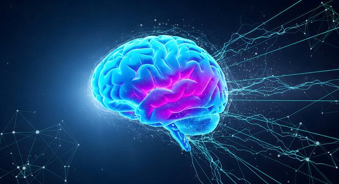 Abstract Brain with Neon Neural Network Connections