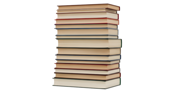 A stack of old books with worn covers, isolated on transparent background