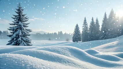 Obraz premium Fresh snow covers rolling hills and tall evergreen trees in a peaceful winter landscape, with snowflakes gently falling under a bright sky.