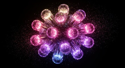 Glowing, multifaceted cellular structure illuminates a dark background with sparkling particles
