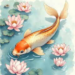 Elegant koi fish amidst swirling waves and floating lotus blossoms in delicate watercolor style