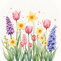 Pink, purple, and yellow tulips and spring flowers in a vibrant garden field, offering a beautiful floral vector illustration of nature's colorful bloom