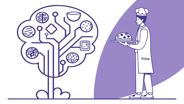 Chef holding dish near abstract tree symbolizing artificial intelligence and food technology integration