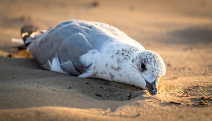Seagull sprawled on beach sand, feathers of gray and white blend with the golden hue of the sandy coast at sunset