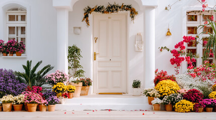 Home porch filled with potted flowers — a lush floral composition at the entrance for summer and festive styling.