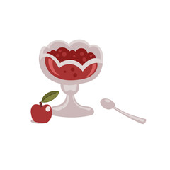 Vector hand-drawn illustration of bowl of apple jam. Sketch of dessert in cartoon style