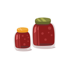 Vector hand-drawn illustration of jars with apple jam. Autumn preserving. A cozy atmosphere.