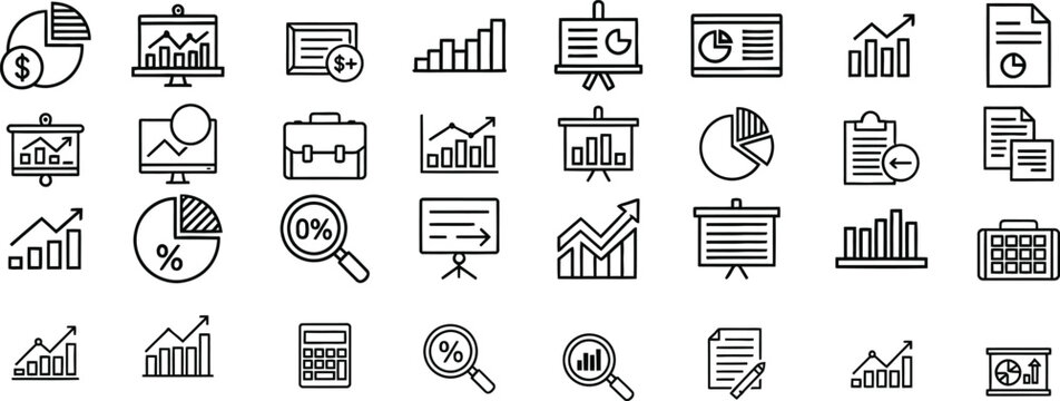 Icon set of business and finance icons, showcasing data analysis, charts, and graphs for strategic decisionmaking and financial planning in various contexts