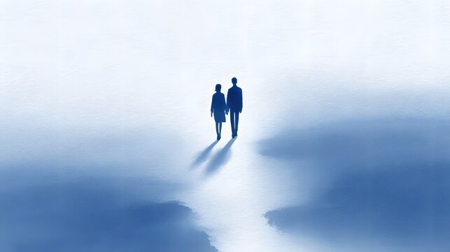 Silhouetted couple walks hand in hand on a surreal hazy blue path  Abstract watercolor style creates an ethereal atmosphere evoking introspection partnership and a journey into the unknown future