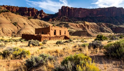 Scenic landscape showcases a historic adobe structure amid arid terrain, with red rock formations. The golden grasses and vibrant blue sky create a picturesque scene