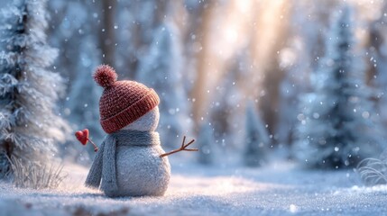 Adorable snowman wearing a knitted hat and scarf stands in a snowy forest during a gentle snowfall