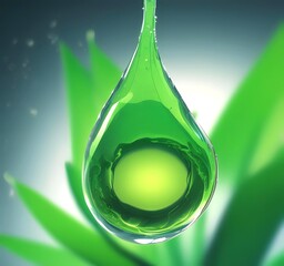 Macro shot of luminous green biofuel droplet suspended